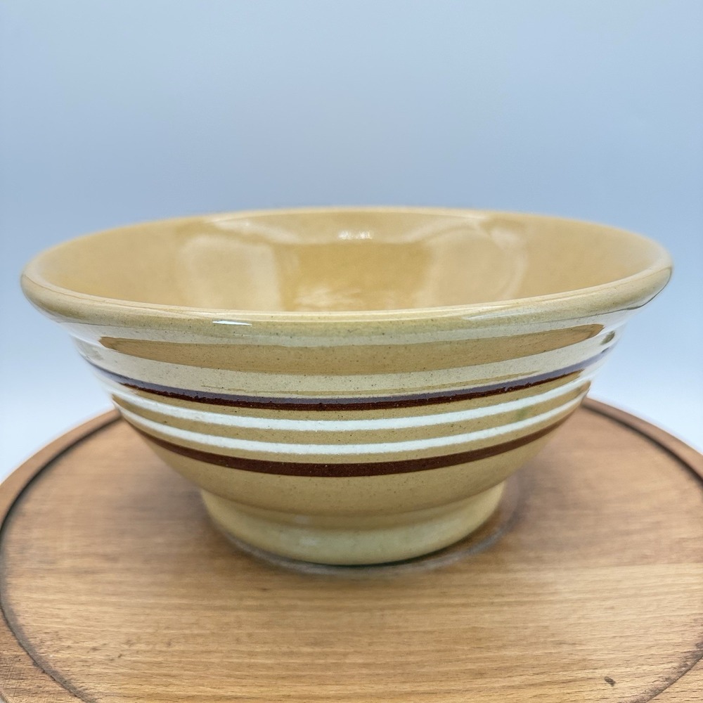 Antique Ohio Valley Salt Glaze  Yellow Ware Raised Stripes Bowl 9x4 10620